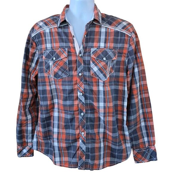 Mens BKE Western Plaid pearl Snap Button Shirt L farm wear barn horses - Picture 3 of 8